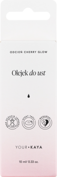 Opakowanie Your Kaya Cherry Glow Olejek do ust 10ml, pionowe, biało-różowe, z ikonami wegański i efekt tafli.