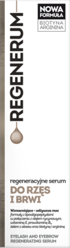 Regenerum serum do rzęs i brwi, białe opakowanie z brązowym logo, widok z przodu, nowa formuła.