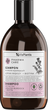 Vis Plantis Pharma Care szampon przeciw wypadaniu włosów, łopian i biotyna, ciemna butelka, widok z przodu.