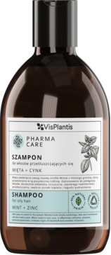 VisPlantis Pharma Care szampon z miętą i cynkiem, do włosów przetłuszczających się, brązowa butelka, widok z przodu.