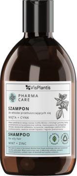 VisPlantis Pharma Care szampon z miętą i cynkiem, do włosów przetłuszczających się, brązowa butelka, widok z przodu.