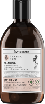 Szampon VisPlantis Pharma Care z żeń-szeniem i niacynamidem w brązowej butelce, widok z przodu.