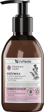 Brązowa butelka VisPlantis odżywki do włosów z łopianem i biotyną, biała etykieta, czarna pompka, widok z przodu.