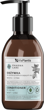 Brązowa butelka VisPlantis Pharma Care odżywki do włosów przetłuszczających się z miętą i cynkiem, widok z przodu.
