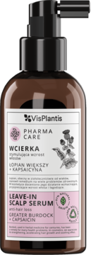 VisPlantis Leave-In Scalp Serum, brązowa butelka z pompką, widok z przodu, z łopianem i kapsaicyną.