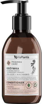VisPlantis Odżywka do włosów cienkich z żeń-szeniem i niacynamidem, brązowa butelka, widok z przodu.