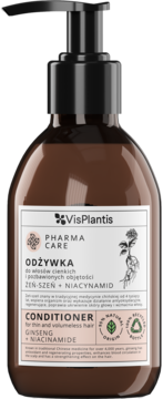 VisPlantis Odżywka do włosów cienkich z żeń-szeniem i niacynamidem, brązowa butelka, widok z przodu.
