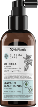 VisPlantis Pharma Care tonik do włosów przetłuszczających się, miętowo-mentolowy, w brązowej butelce z pompką.
