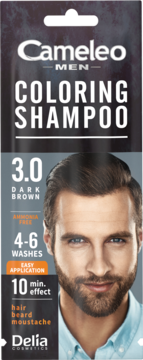 Cameleo MEN Coloring Shampoo 3.0 Dark Brown, front view of packaging with male model's face and dark beard.