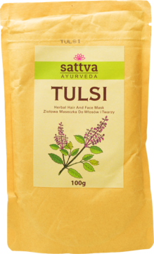 Sattva Tulsi ziołowa maseczka do twarzy i włosów 100g w żółto-brązowej torebce, widok z przodu.