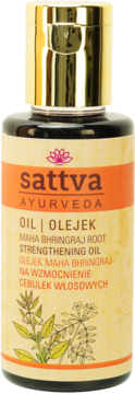 Sattva Ayurveda Maha Bhringraj Wzmacniający Olejek do włosów w butelce z jasną etykietą i złotą zakrętką, widok z przodu.