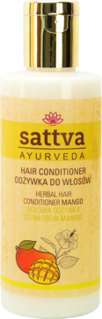 Biała butelka odżywki Sattva Ayurveda Mango z żółtą etykietą, złotą nakrętką, widok z przodu.