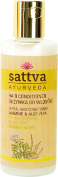 Sattva Ayurveda odżywka do włosów Jaśmin & Aloe Vera, widok z przodu, kremowa butelka ze złotą zakrętką.