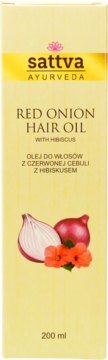 Sattva olejek do włosów z czerwonej cebuli i hibiskusa, żółte opakowanie z ilustracją, widok z przodu.