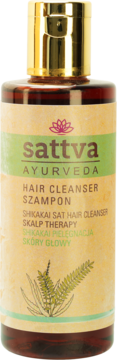 Sattva Ayurveda Shikakai Hair Cleanser szampon, brązowa butelka, złota nakrętka, beżowa etykieta, widok z przodu.
