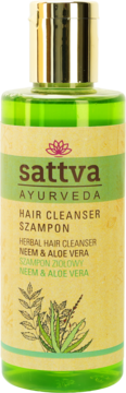 Sattva Ayurveda, ziołowy szampon do włosów Neem & Aloe Vera, zielona butelka z złotą nakrętką.