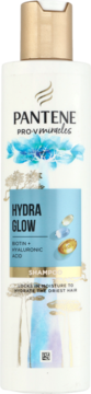 Biała butelka szamponu Pantene Hydra Glow z złotą nakrętką, widok z przodu, z niebieskimi detalami i napisem "SHAMPOO".
