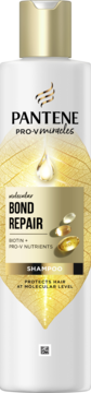 Pantene Molecular Bond Repair szampon z biotyną, biała butelka ze złotym liściem i kroplą oleju, widok z przodu.