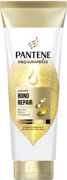 Biała tuba odżywki Pantene Pro-V Miracles Bond Repair z biotyną, złotym liściem i napisem, widok z przodu.