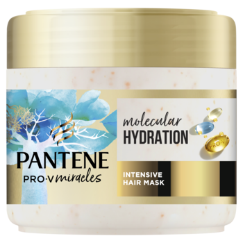 Biały słoik maski Pantene Pro-V Miracles Molecular Hydration, złota nakrętka, niebieskie detale i perły Nutri na etykiecie.