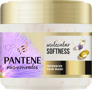 Biały słoik Pantene Pro-V Miracles Molecular Softness intensywna maska do włosów, złota zakrętka, fioletowy kwiat i logo.