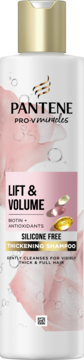 Biały szampon Pantene Pro-V Miracles Lift & Volume, pogrubiający i bez silikonów, złota nakrętka, przód.