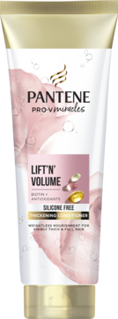 Biała tuba Pantene Pro-V Miracles Lift'n' Volume pogrubiająca odżywka, bez silikonu, z biotyną. Widok z przodu.