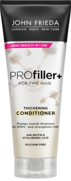 John Frieda PROfiller+ Thickening Conditioner with Biotin, white tube for fine hair, shown upright from front.