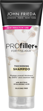 John Frieda PROfiller+ Thickening Shampoo w kremowej butelce, widok z przodu, z biotiną i kwasem hialuronowym.