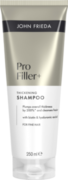 John Frieda Pro Filler+ Thickening Shampoo w złoto-białej tubce, na froncie widoczny tekst, do włosów cienkich.