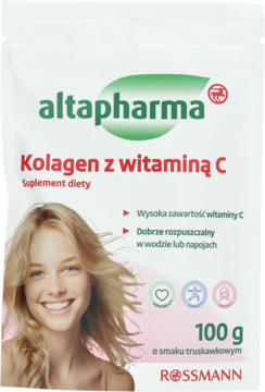 Biała saszetka Altapharma Kolagen z witaminą C, 100g, suplement diety o smaku truskawkowym, z wizerunkiem kobiety.
