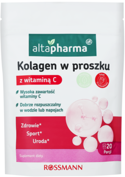 Biała torebka altapharma Kolagen w proszku z witaminą C, widok z przodu, zielony pasek, czerwony dół z symbolami.