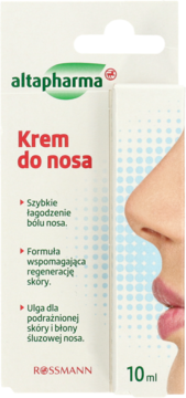 Altapharma Krem do nosa w białym opakowaniu 10 ml, widok z przodu, z wizerunkiem nosa.