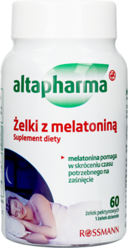 Altapharma Żelki z melatoniną, 60 szt., biała butelka z zielono-niebieską etykietą i śpiącą postacią.