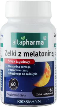 Biała butelka Altapharma Żelki z melatoniną jagodową, suplement diety wspierający sen. Zielona etykieta z księżycem. Widok z przodu.