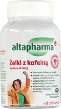 Biała butelka Altapharma Żelki z kofeiną, widok z przodu, z zielono-czerwonymi napisami i zdjęciem kobiety.