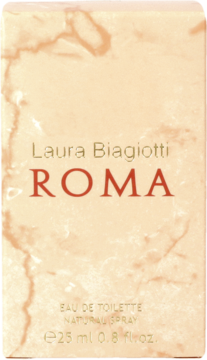Front of Laura Biagiotti Roma Eau de Toilette box, light marble texture, red 'ROMA' text.