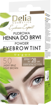Delia Eyebrow Expert Pudrowa Henna do Brwi 5.0 Light Brown, opakowanie z modelem oka i zielonymi liśćmi.