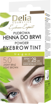 Delia Eyebrow Expert Pudrowa Henna do Brwi 5.0 Light Brown, opakowanie z modelem oka i zielonymi liśćmi.