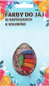 Farbki do jajek w kapsułkach, 6 kolorów, w przeźroczystym opakowaniu z jajkiem wypełnionym barwnikami. Widok z przodu.