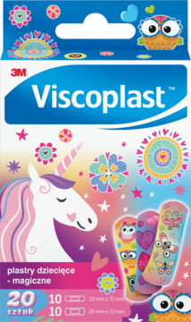 Opakowanie plastrów Viscoplast dla dzieci z magicznym jednorożcem i sowami, różowo-niebieskie, widok z przodu.