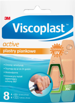 Opakowanie plastrów Viscoplast Active piankowych, z ochroną UV i 360 stopni. Wodoodporne, 8 sztuk.