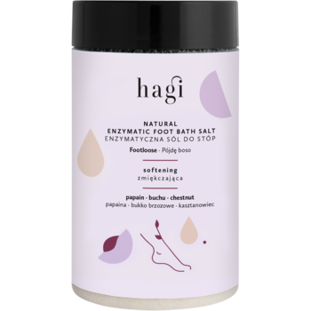 Hagi Enzymatic Foot Bath Salt zmiękczająca sól do stóp, biały pojemnik z fioletową etykietą, widok z przodu.
