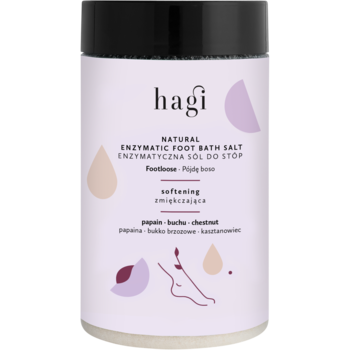 Hagi Enzymatic Foot Bath Salt zmiękczająca sól do stóp, biały pojemnik z fioletową etykietą, widok z przodu.