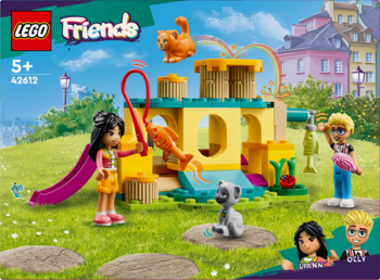 Opakowanie Lego Friends 42612 Koci plac zabaw: dwie mini-lalki i dwa koty na kolorowym placu zabaw.