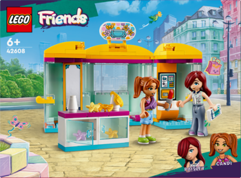 Lego Friends zestaw 42608 Mały sklep z akcesoriami. Kolorowy budynek z żółtym dachem, dwie lalki Lego w środku.