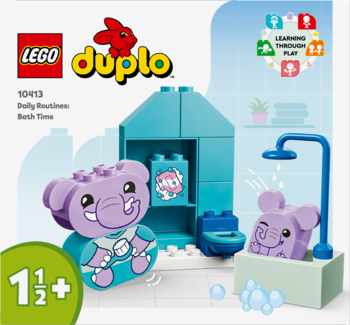 LEGO Duplo 10413 Kąpiel: fioletowe słoniki, jeden z dwiema minami, wanna, prysznic. Ujęcie frontowe zestawu.