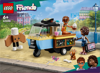LEGO Friends Mobilna Piekarnia: błękitno-żółty wózek z minifigurkami, psem i figurką hot doga na ulicy.