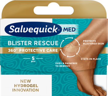 Złoto-białe opakowanie Salvequick Blister Rescue MED plastry hydrożelowe na pęcherze, 5 sztuk, widok z przodu.