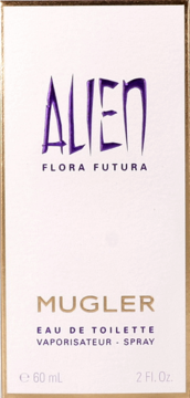 Białe opakowanie Alien Flora Futura Mugler Eau de Toilette 60 ml, z fioletowym napisem, widok z przodu.